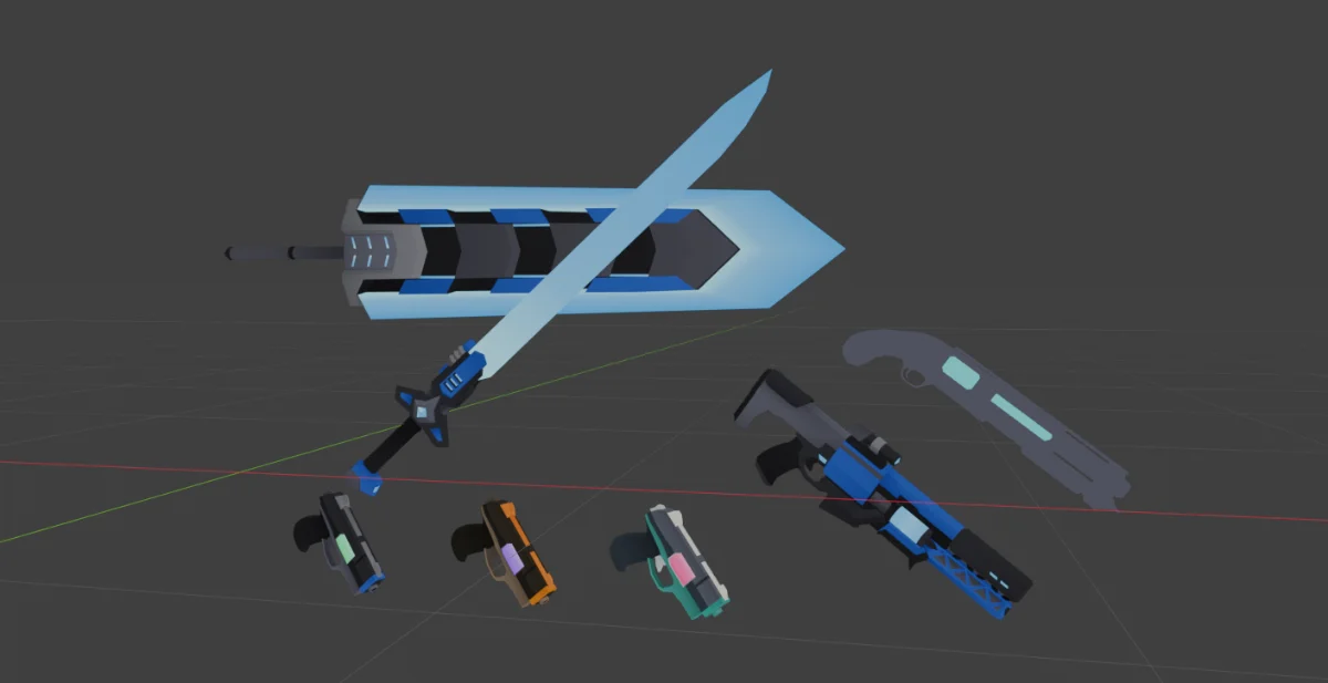 Work-in-progress weapon models: greatsword, saber, shotgun, rifle and pistols