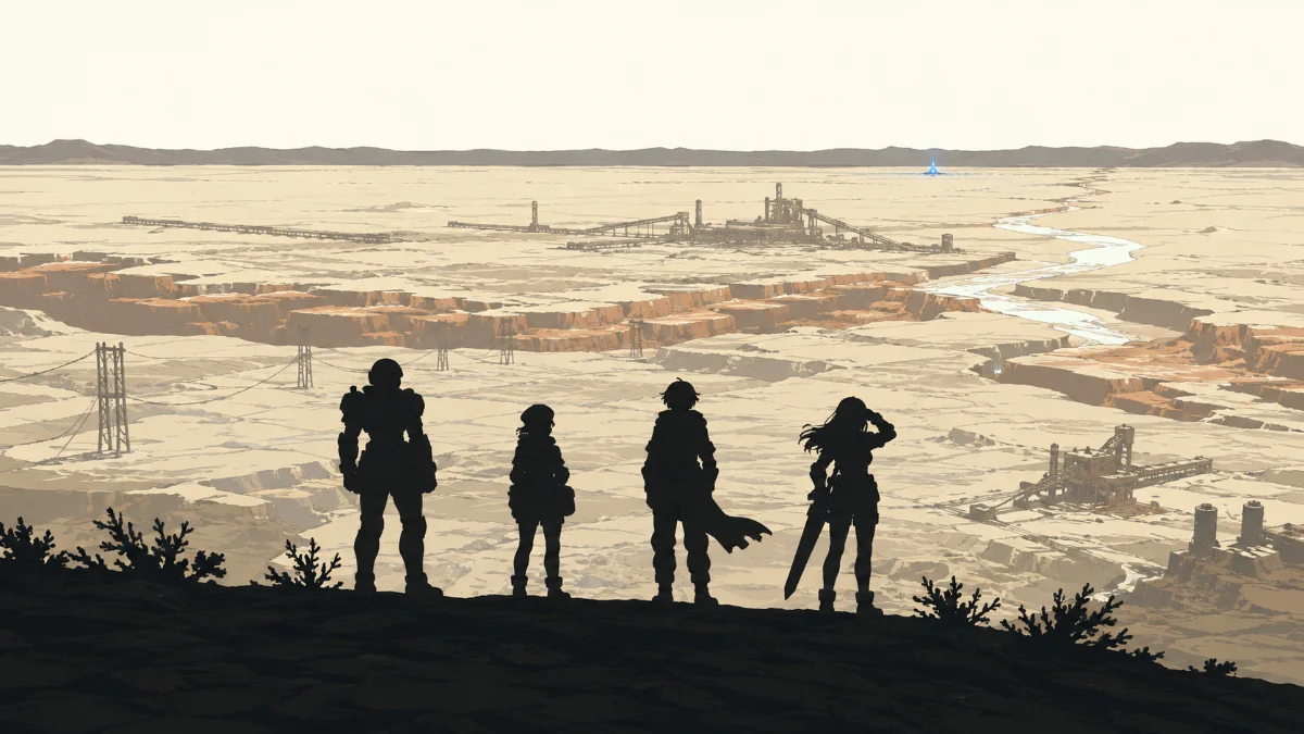 Four Runners silhouetted on a ridge, looking out over the dust flats beyond Haven Core